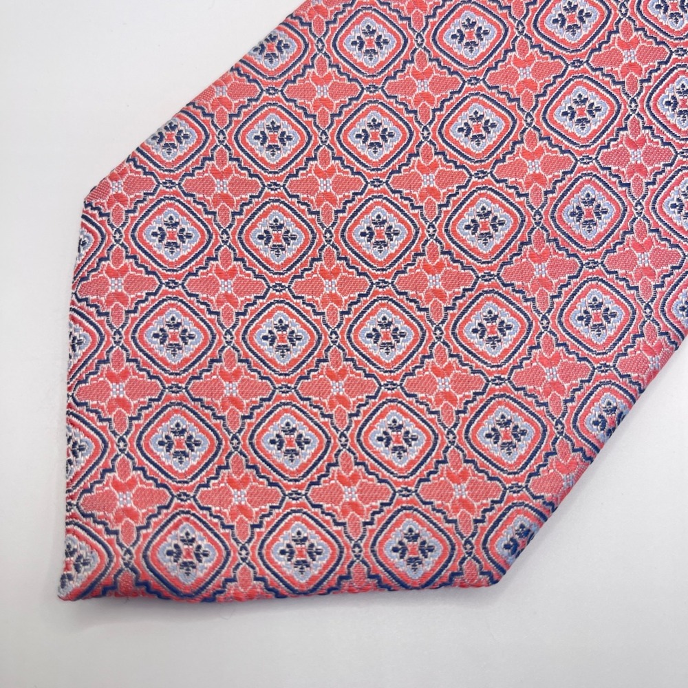Dormeuil Silk Tie Mens OS Coral Pink Blue Geometric Medallion Excellent France